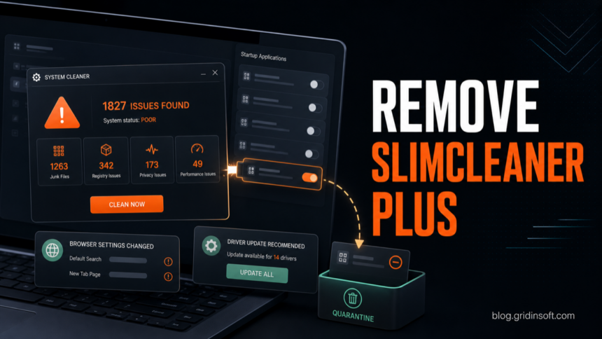 SlimCleaner Plus Removal: SlimWare PUP Cleanup Guide 1 SlimCleaner Plus removal guide showing unwanted cleaner, driver updater, and browser settings cleanup.