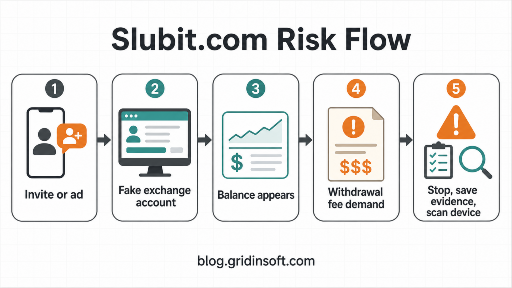 Slubit.com risk flow showing invite, fake exchange account, apparent balance, withdrawal fee demand, and evidence-saving steps.