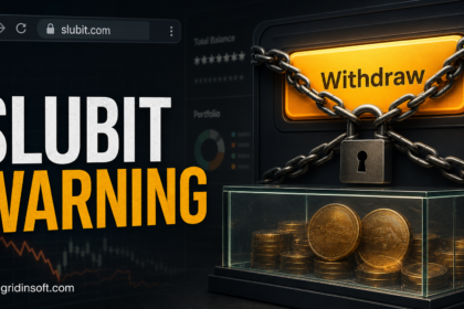 Slubit.com warning poster with a locked withdrawal button and trapped crypto balance.