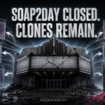 Closed Soap2Day cinema surrounded by clone browser windows, redirects, notifications, and a dangerous download.
