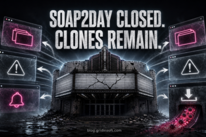 Closed Soap2Day cinema surrounded by clone browser windows, redirects, notifications, and a dangerous download.