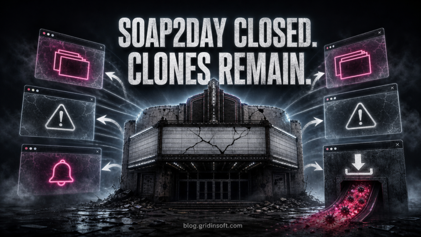 Closed Soap2Day cinema surrounded by clone browser windows, redirects, notifications, and a dangerous download.