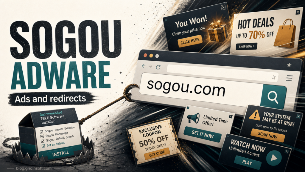 Sogou adware warning with browser redirects, intrusive pop-ups, and bundled installer settings.