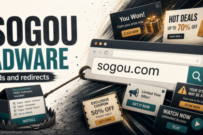 Sogou adware warning with browser redirects, intrusive pop-ups, and bundled installer settings.