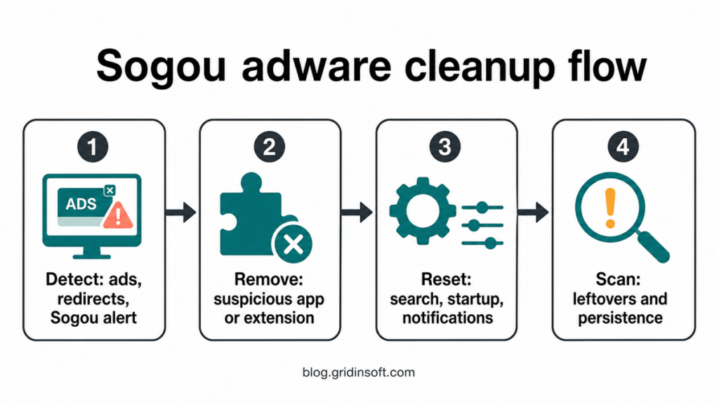 Sogou adware cleanup flow showing detection, app or extension removal, browser reset, and a scan for leftovers.