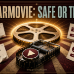 Movie reel and Play button caught in a trap beside notification and download warnings.