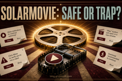 Movie reel and Play button caught in a trap beside notification and download warnings.