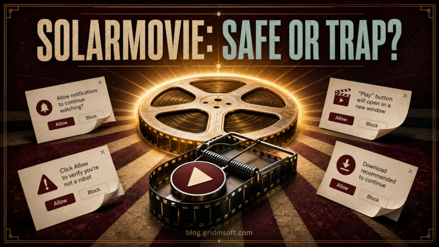 Is SolarMovie Safe? Pop-Ups, Notifications, and Cleanup 1 Movie reel and Play button caught in a trap beside notification and download warnings.