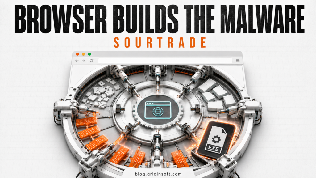 Browser window assembling a SourTrade malware executable from clean runtime blocks and encrypted fragments.