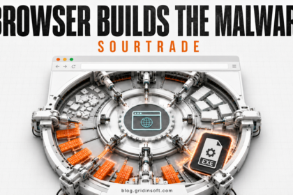 Browser window assembling a SourTrade malware executable from clean runtime blocks and encrypted fragments.