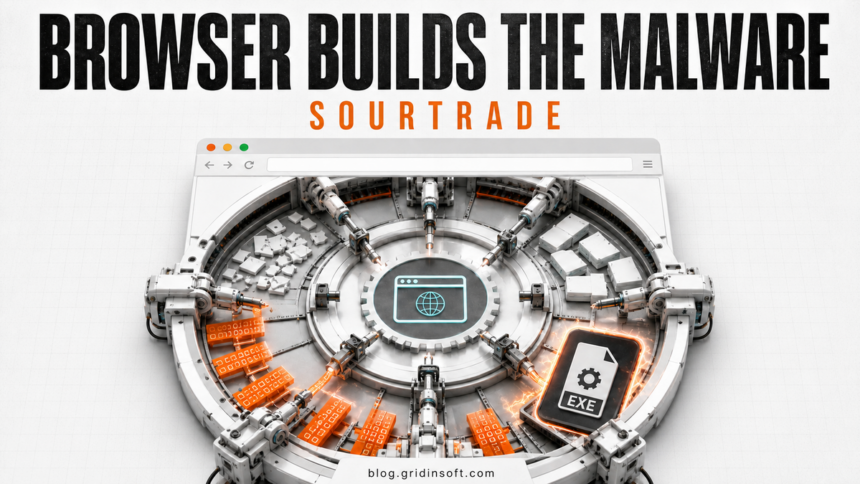 Browser window assembling a SourTrade malware executable from clean runtime blocks and encrypted fragments.