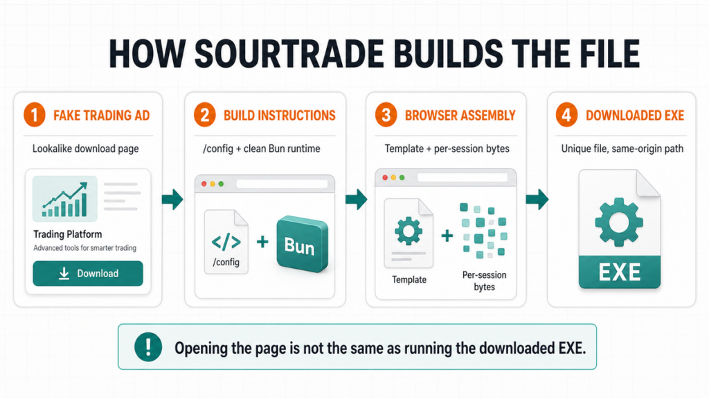 Four-step SourTrade flow from a fake trading ad to browser assembly and a downloaded Windows executable.