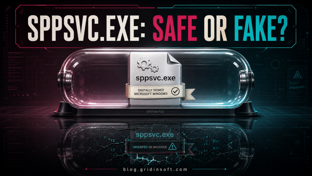 sppsvc.exe safety check comparing a signed System32 file with an unverified or malicious copy.