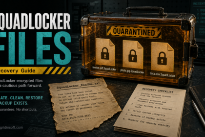 SquadLocker ransomware warning with encrypted .SquadLocker files and a cautious recovery checklist.