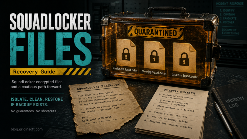 SquadLocker ransomware warning with encrypted .SquadLocker files and a cautious recovery checklist.