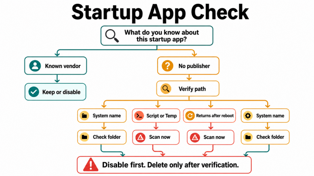 Startup App Check flow showing when to keep, verify, or scan a suspicious startup app.