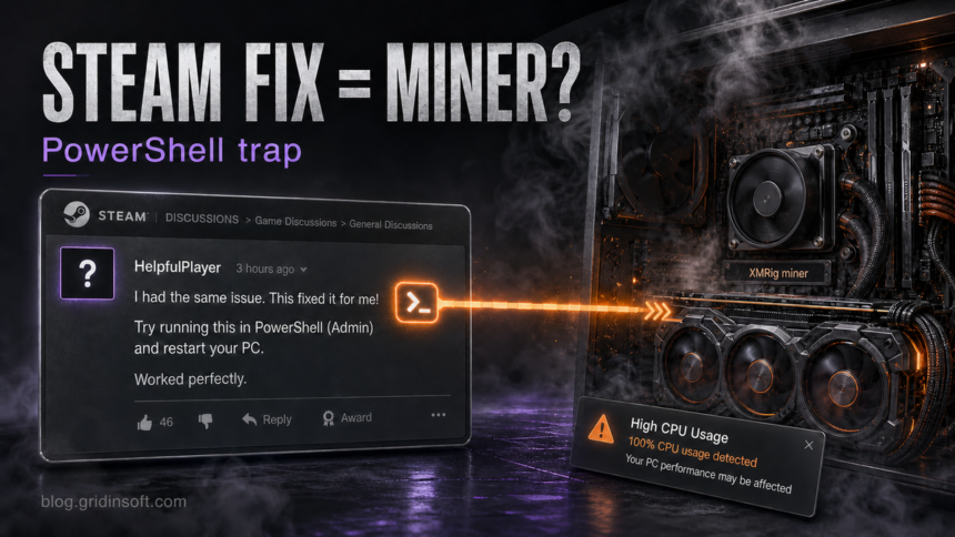Steam Forum ClickFix Installs XMRig Miner via PowerShell 1 Fake Steam forum fix turns into an XMRig miner on a Windows gaming PC.