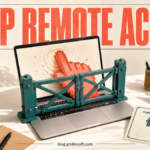 A remote cursor is stopped by a physical gate across a family Windows laptop.