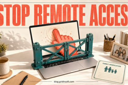 A remote cursor is stopped by a physical gate across a family Windows laptop.