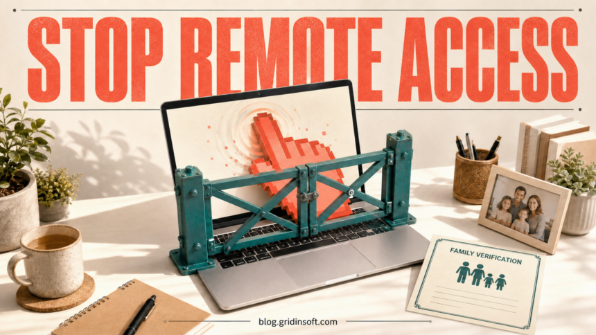 How to Block Remote Access Scam Software on Windows 1 A remote cursor is stopped by a physical gate across a family Windows laptop.