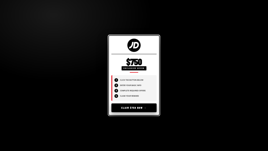 StudentDealHub.com page offering a $750 JD Sports reward with required offer steps.