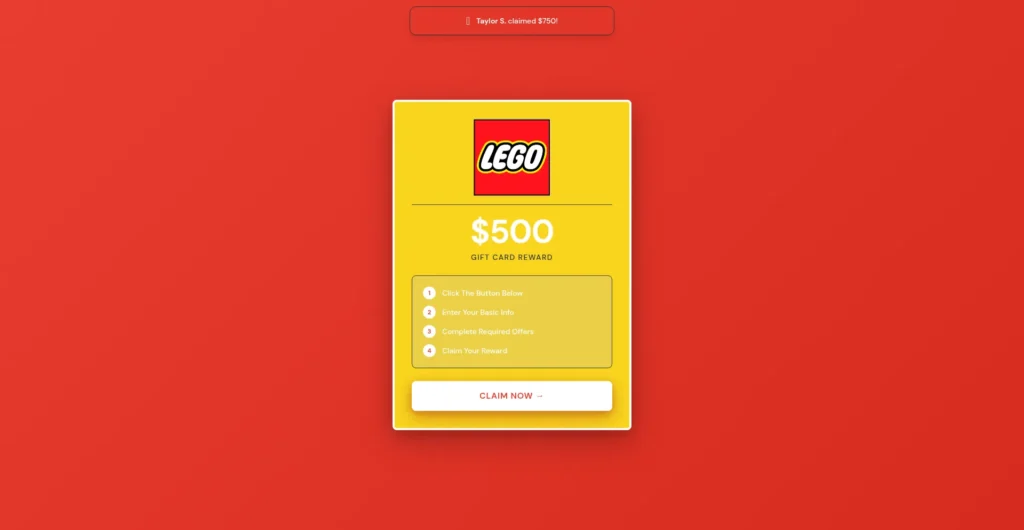 StudentDealHub.com page offering a $500 LEGO gift card with required offer steps.