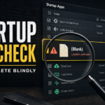 Magnifying glass inspecting a suspicious Windows startup app entry before removal.