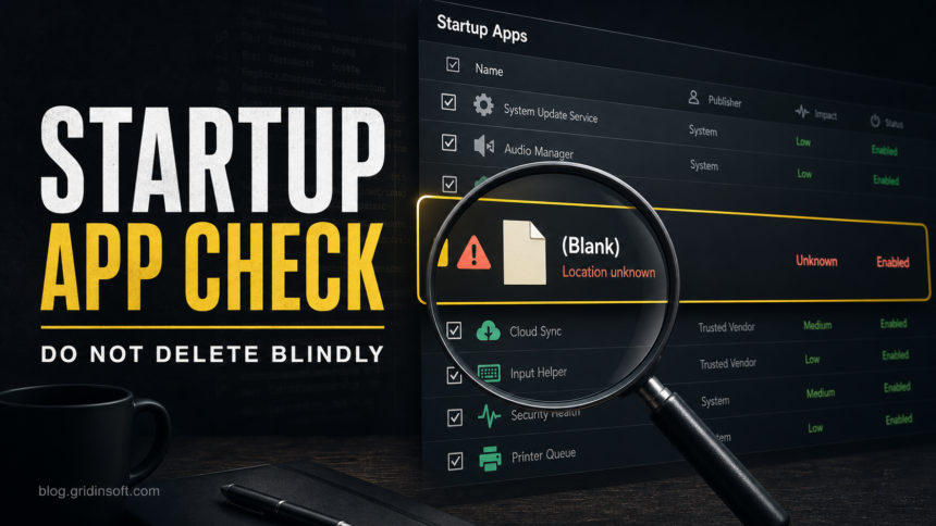 Magnifying glass inspecting a suspicious Windows startup app entry before removal.