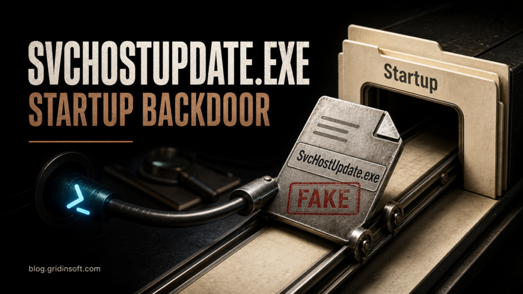 A counterfeit SvcHostUpdate.exe file is pushed into a Windows Startup folder by a hidden PowerShell cable.