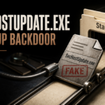 A counterfeit SvcHostUpdate.exe file is pushed into a Windows Startup folder by a hidden PowerShell cable.