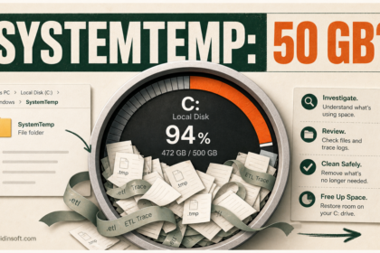 C drive gauge showing SystemTemp using 50 GB of temporary files and ETL logs.
