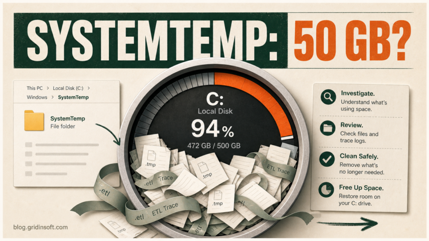 C drive gauge showing SystemTemp using 50 GB of temporary files and ETL logs.