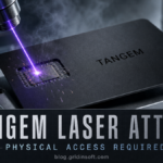 A laboratory laser pulse strikes the secure-element chip inside a Tangem hardware wallet card.