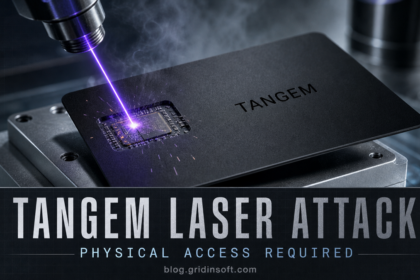 A laboratory laser pulse strikes the secure-element chip inside a Tangem hardware wallet card.