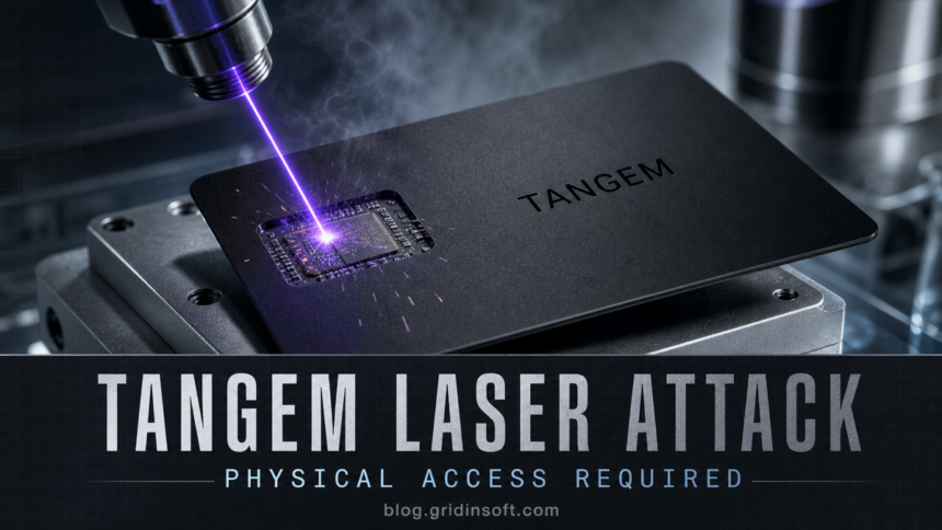 A laboratory laser pulse strikes the secure-element chip inside a Tangem hardware wallet card.