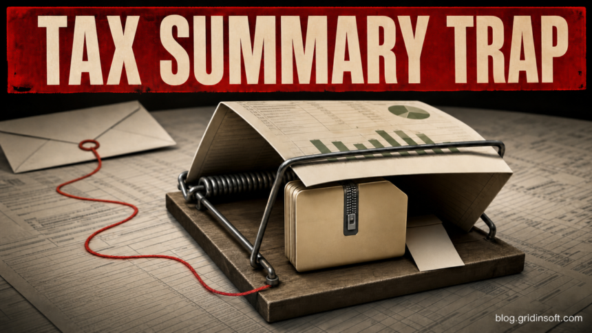 Tax summary document caught in a trap around a ZIP archive after a phishing email.