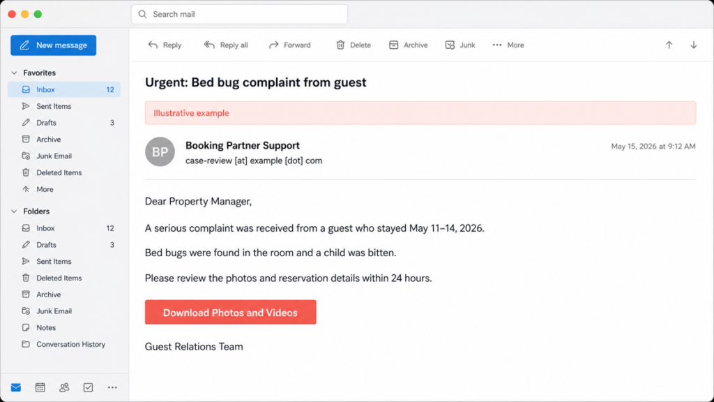 Fake hotel guest complaint email asking property staff to download bed-bug photos.