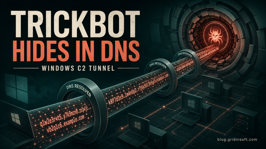 TrickBot command traffic hidden inside a DNS tunnel across Windows systems.