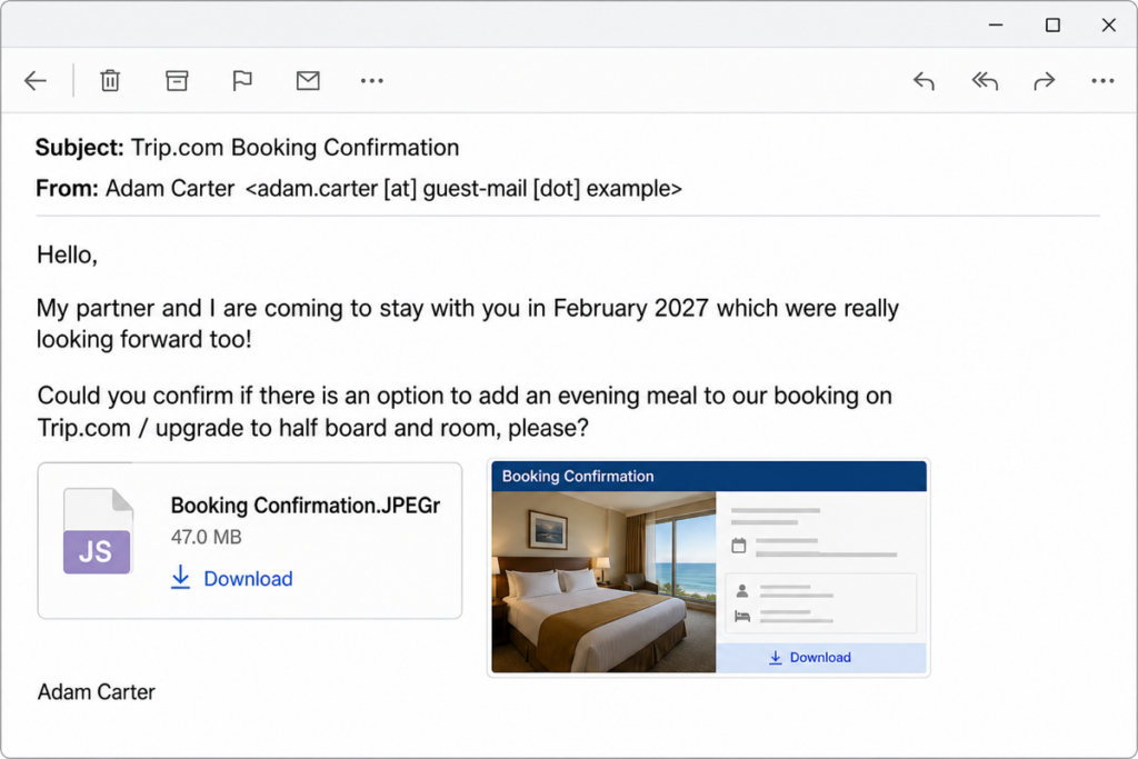 Illustrative Trip.com Booking Confirmation email lure with a disguised JavaScript download.