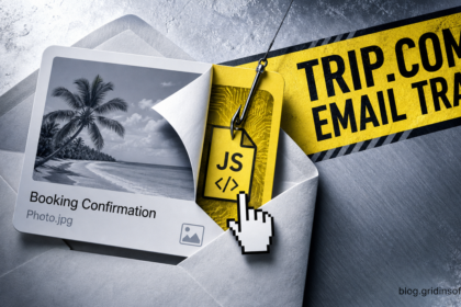 Fake Trip.com booking confirmation email hiding a JavaScript download.