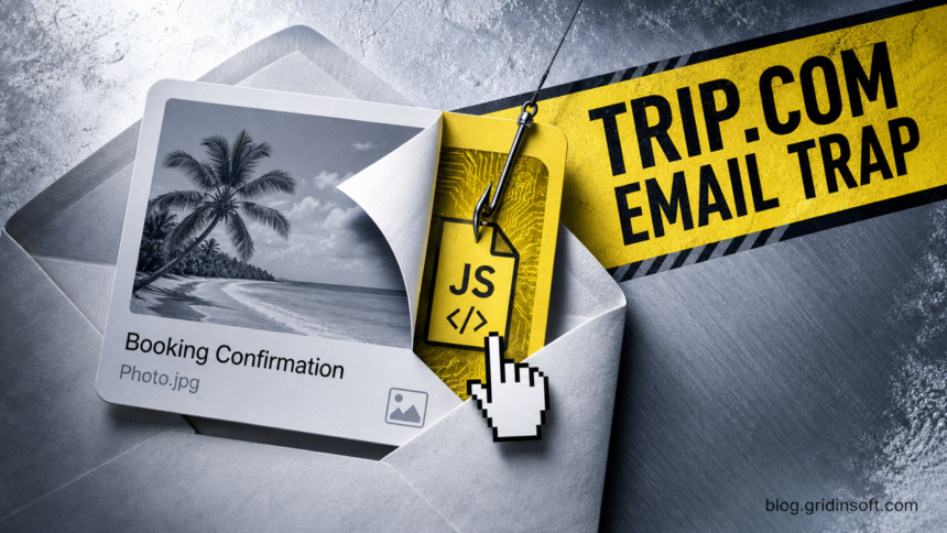Fake Trip.com booking confirmation email hiding a JavaScript download.