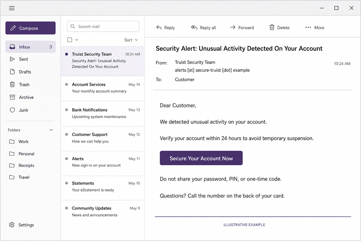 Truist Security Alert Email Scam: Verify Outside the Message 2 Illustrative Truist security alert email with an unusual-activity warning and verification button.