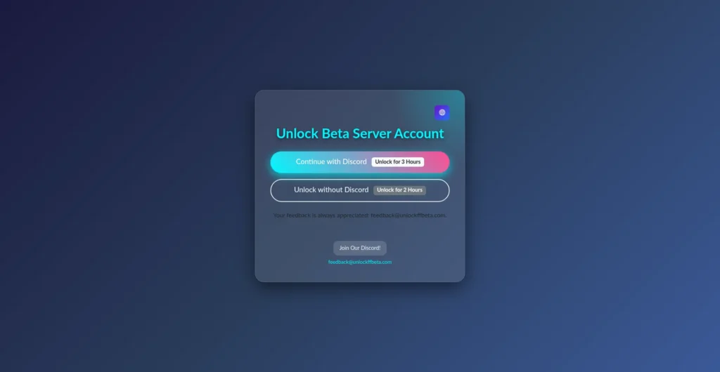 Unlockffbeta.com page offering to unlock a beta server account with or without Discord.