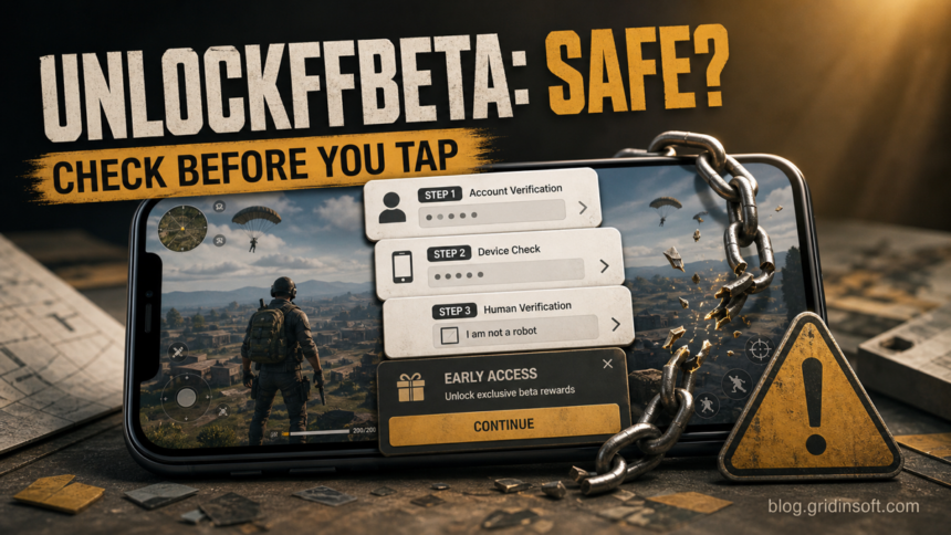 Phone showing an unofficial beta access verification flow with a broken chain and safety warning.