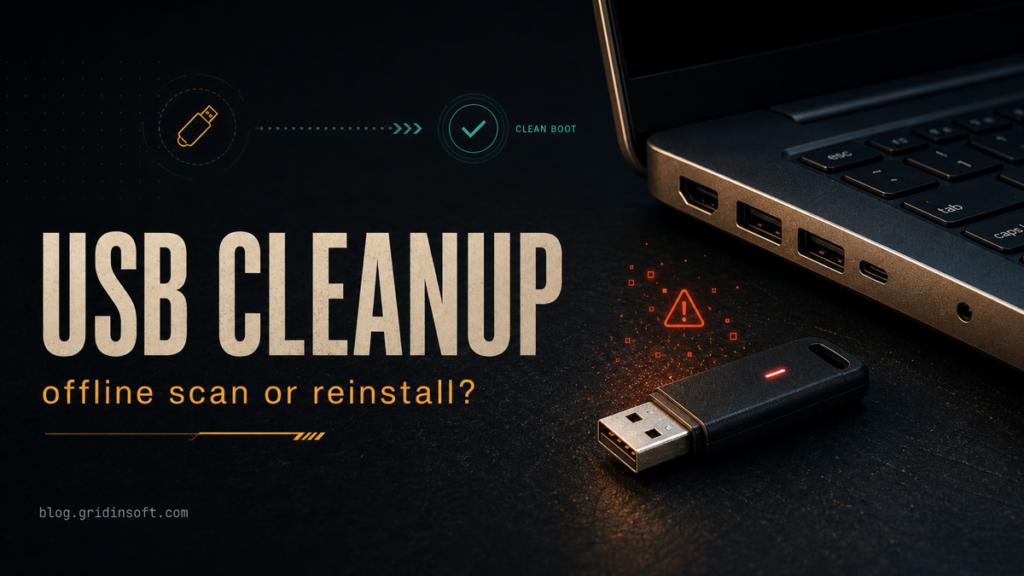USB drive near an empty laptop port for a malware cleanup and offline scan decision.