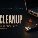 USB drive near an empty laptop port for a malware cleanup and offline scan decision.