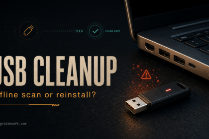 USB drive near an empty laptop port for a malware cleanup and offline scan decision.