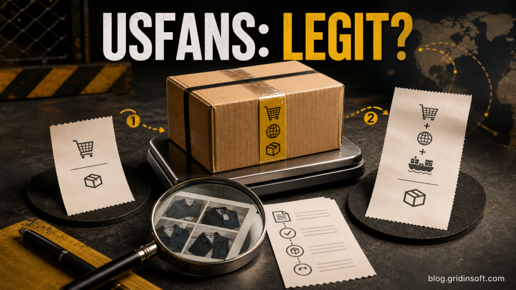 Parcel on a scale between two-stage shipping receipts under the headline USFans: Legit?