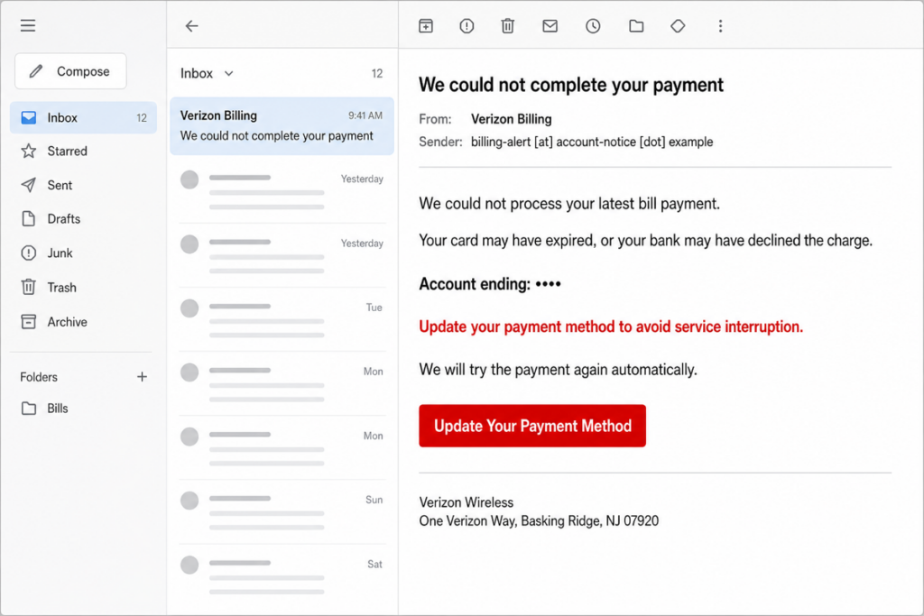 Illustrative Verizon failed-payment phishing email with an Update Your Payment Method button.