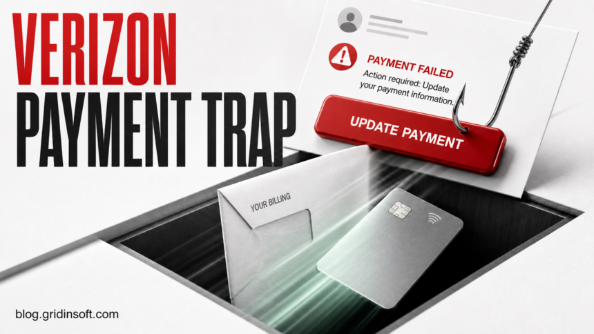 A failed Verizon payment email button pulling an anonymous card into a phishing trap.